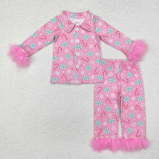 RTS NO MOQ ETA 5/7days arrived GLP2025 Long-sleeved trousers and pajama set with cane snowflakes and pink plush edges