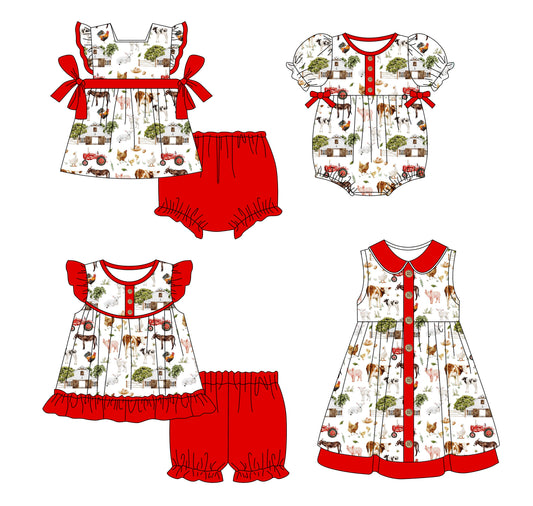 1.8 custom each style moq 5eta 4-6week Sibling Sister farm baby girl short sleeve shorts sets and briefs sets and girl romper and dress match design