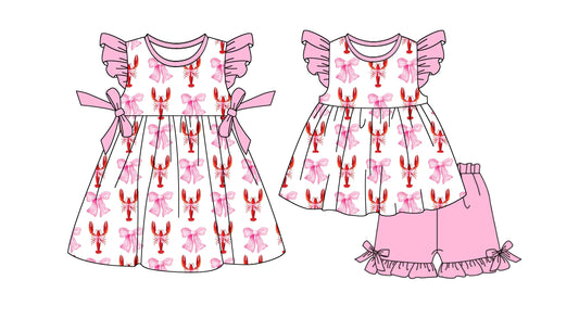 1.10 custom each style moq 5eta 4-6week Sibling Sister bow crayfish baby girl short sleeve shorts sets and dresses match design