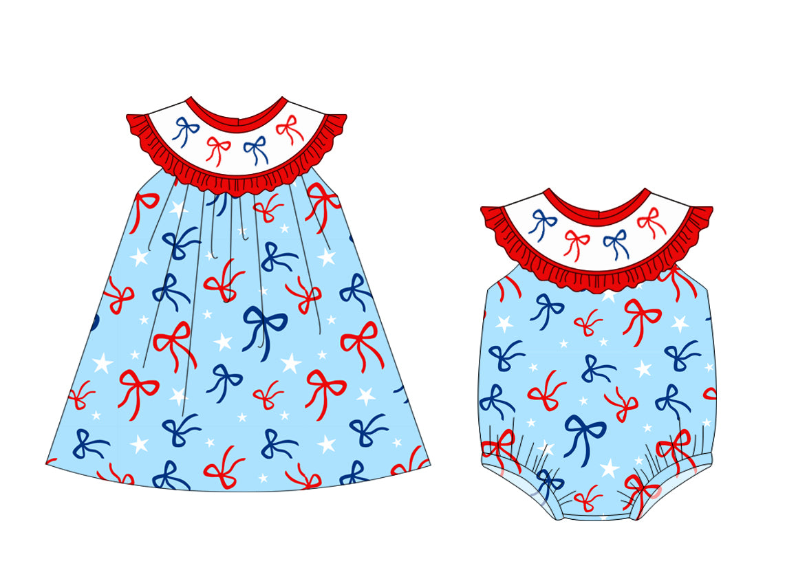25.12.3 custom each style moq 5 eta 6-8week Sibling Sister bow baby short sleeve romper and dress match design