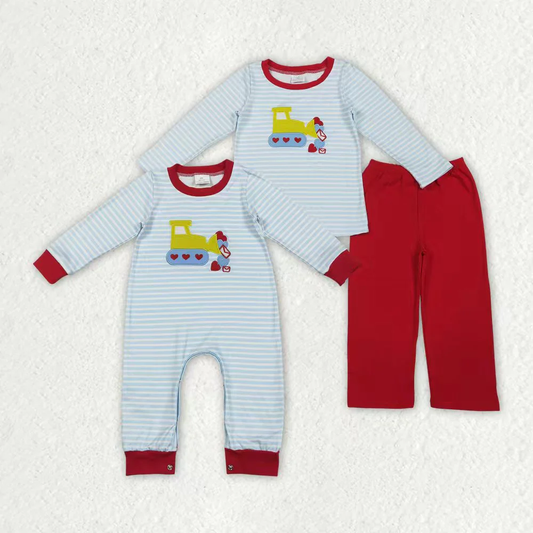 RTS NO MOQ Sibling Baby Boy clothes Embroidery valentine love long-sleeved trousers suit & rompers