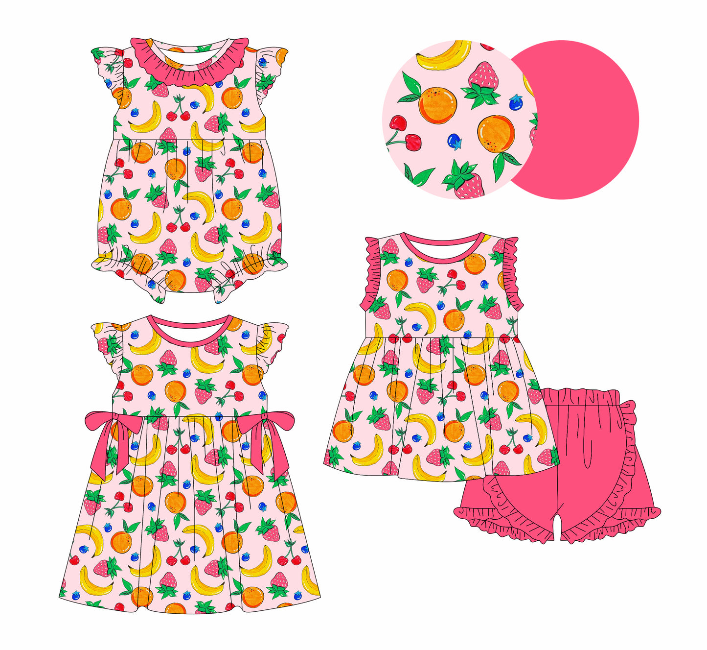 1.6 custom each style moq 5eta 4-6week Sibling Sister fruit baby girl short sleeve shorts sets and dress and rompers match family design