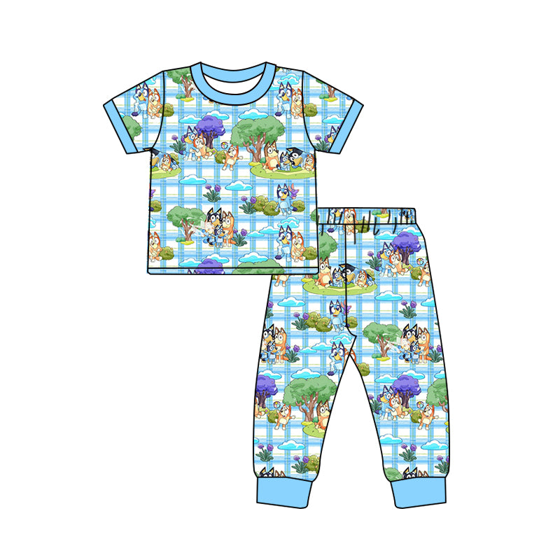 5.1（1）custom each style moq 5eta 4-5week Sibling Sister cartoon character prints blue plaid boys and girls outfit and baby romper match family design