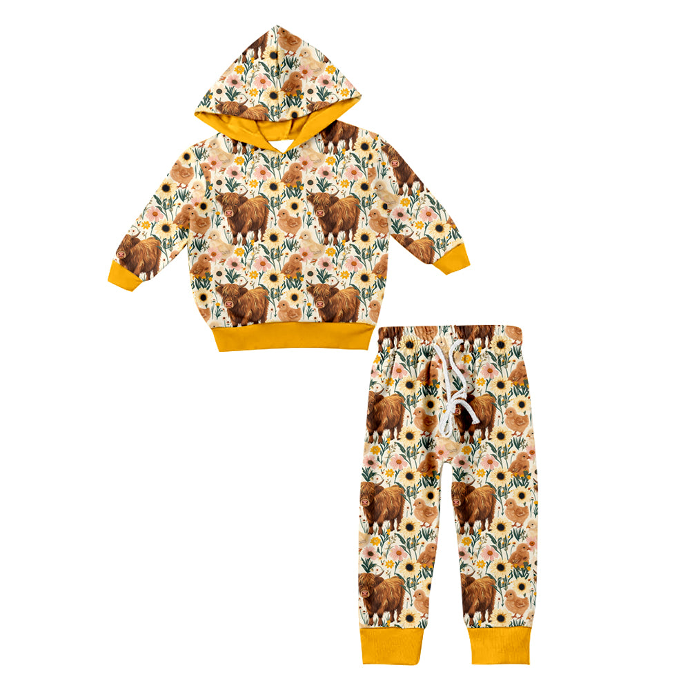 5.12custom each style moq 5eta 4-5week Sibling Sister cow flower prints yellow girls and boys outfits and baby romper and blanket match family design