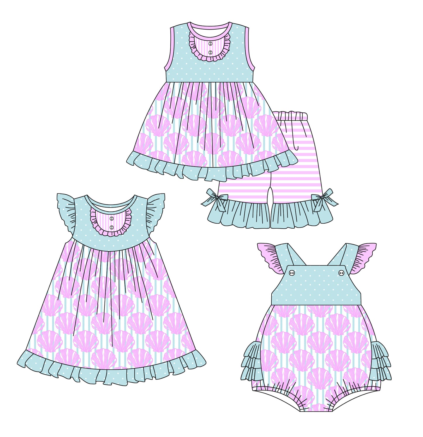 1.21 custom each style moq 5eta 4-6week Sibling Sisters baby girl short sleeve shorts sets and dress and rompers match family design