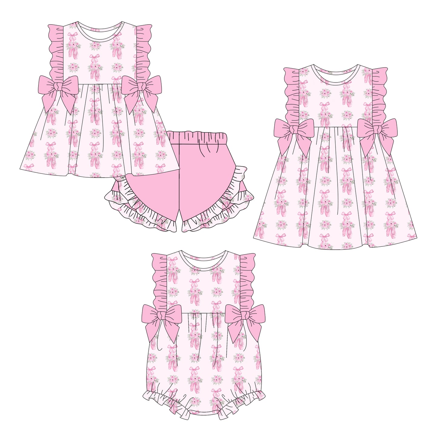 26.1.3 custom each style moq 5 eta 6-8week Sibling Sister ballet shoes floral bow baby short sleeve shorts sets and romper and dress match design