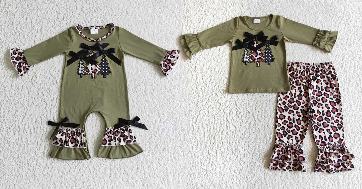 Baby Girls boys Forest print with leopard print print green Family siblings set