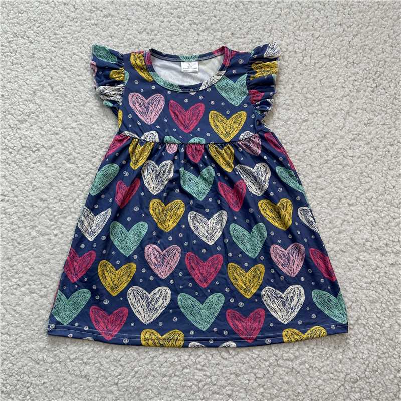 RTS SALES NO MOQ G4-26] Colorful love graffiti dark blue flying sleeve skirt 彩色爱心涂鸦深蓝飞袖裙