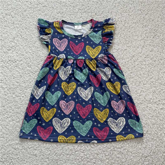 RTS SALES NO MOQ G4-26] Colorful love graffiti dark blue flying sleeve skirt 彩色爱心涂鸦深蓝飞袖裙