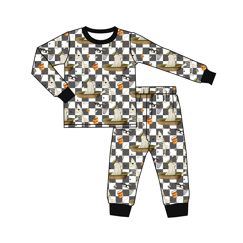 4.27custom moq 5 eta 4-5weeks AUTUMN HALLOWEEN GHOST FISHING PRINTS GRAY-WHITE PLAID LONG SLEEVES WITH LONG PANTS SET