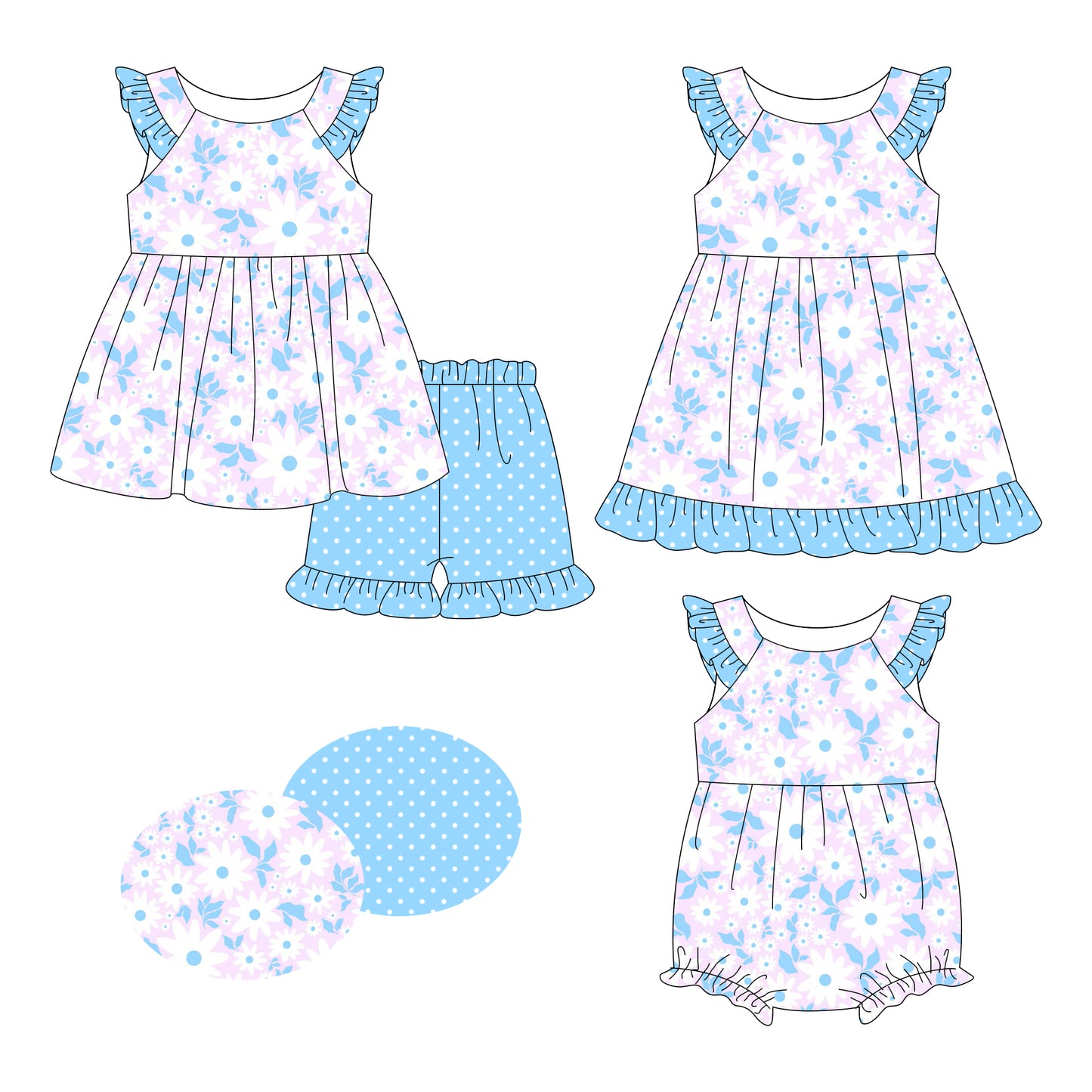 26.1.8 custom each style moq 5 eta 6-8week Sibling Sister floral baby short sleeve shorts sets and romper and dress match design
