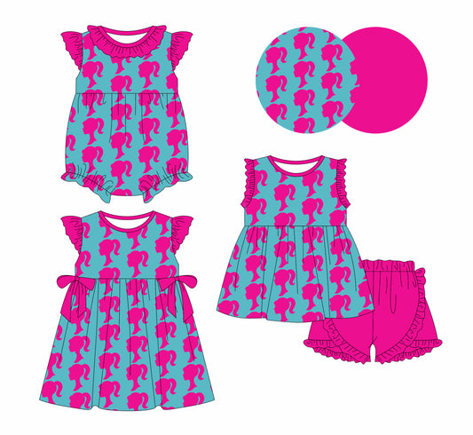 1.14 custom each style moq 5eta 4-6week Sibling Sisters barbie baby girl short sleeve shorts sets and dress and rompers match family design