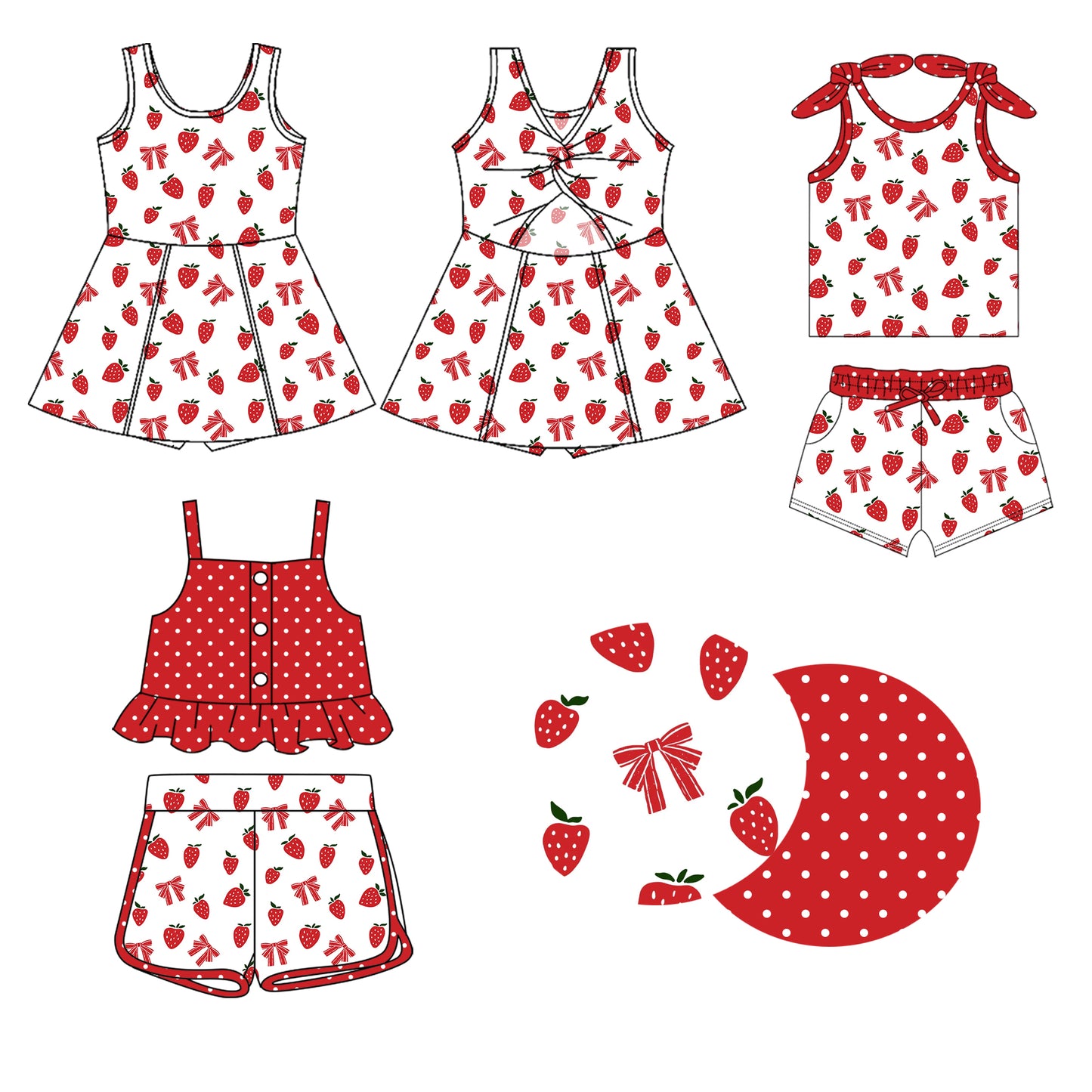 1.23 custom each style moq 5eta 4-6week Sibling Sister strawberry bow baby girl short sleeve shorts sets and sets 2 and dress match design