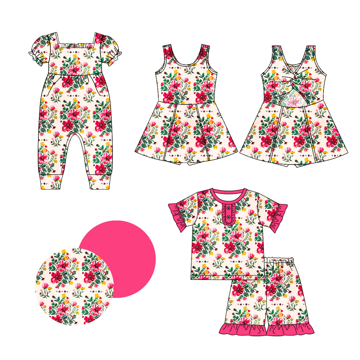 1.2 custom each style moq 5eta 4-6week Sibling Sistes floral baby girl short sleeve shorts sets and dress and rompers match family design