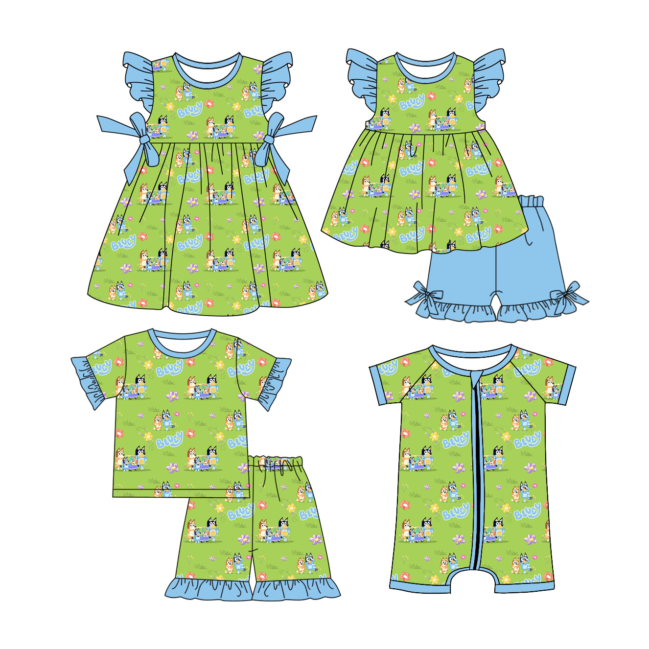 1.7 custom each style moq 5eta 4-6week Sibling Sister cartoon dog baby girl short sleeve shorts sets and sets 2 and boy romper and dress match design