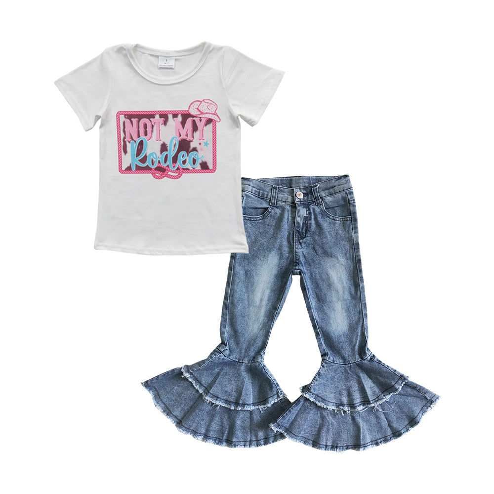 GT0139 Girls NOT MY White Short Sleeve Top+C5-15 Light bleached double denim flared pants