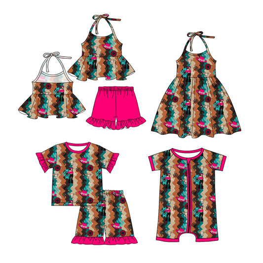 1.4 custom each style moq 5eta 4-6week Sibling Sistes baby girl short sleeve shorts sets and dress and rompers match family design