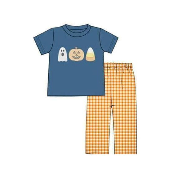 5.15custom each style moq 5eta 4-5week Sibling Sister Halloween ghost pumpkin prints orange plaid blue girls and boys outfits and baby romper and dress match family design