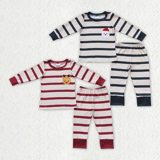 RTS NO MOQ embroidery BLP0220  GLP0549   Christmas Deer Stripe Boys and Girls Pajamas Long Sleeve and Pants Set