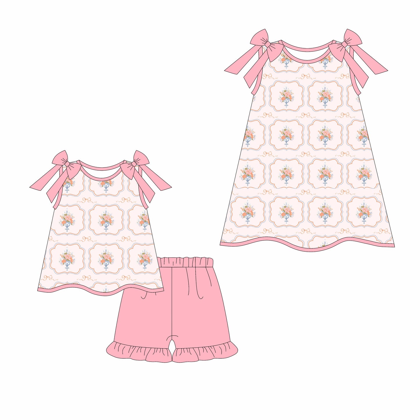 3.17 custom each style moq 5eta 4-6week Sibling Sister floral baby girl short sleeve shorts sets and dresses match design