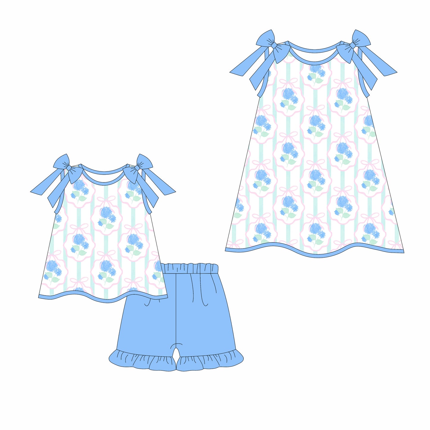 3.17 custom each style moq 5eta 4-6week Sibling Sister floral bow baby girl short sleeve shorts sets and dresses match design