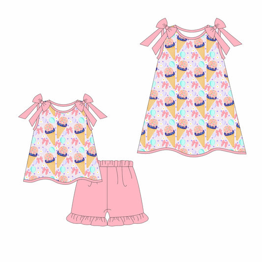 3.17 custom each style moq 5eta 4-6week Sibling Sister bow ice cream baby girl short sleeve shorts sets and dresses match design