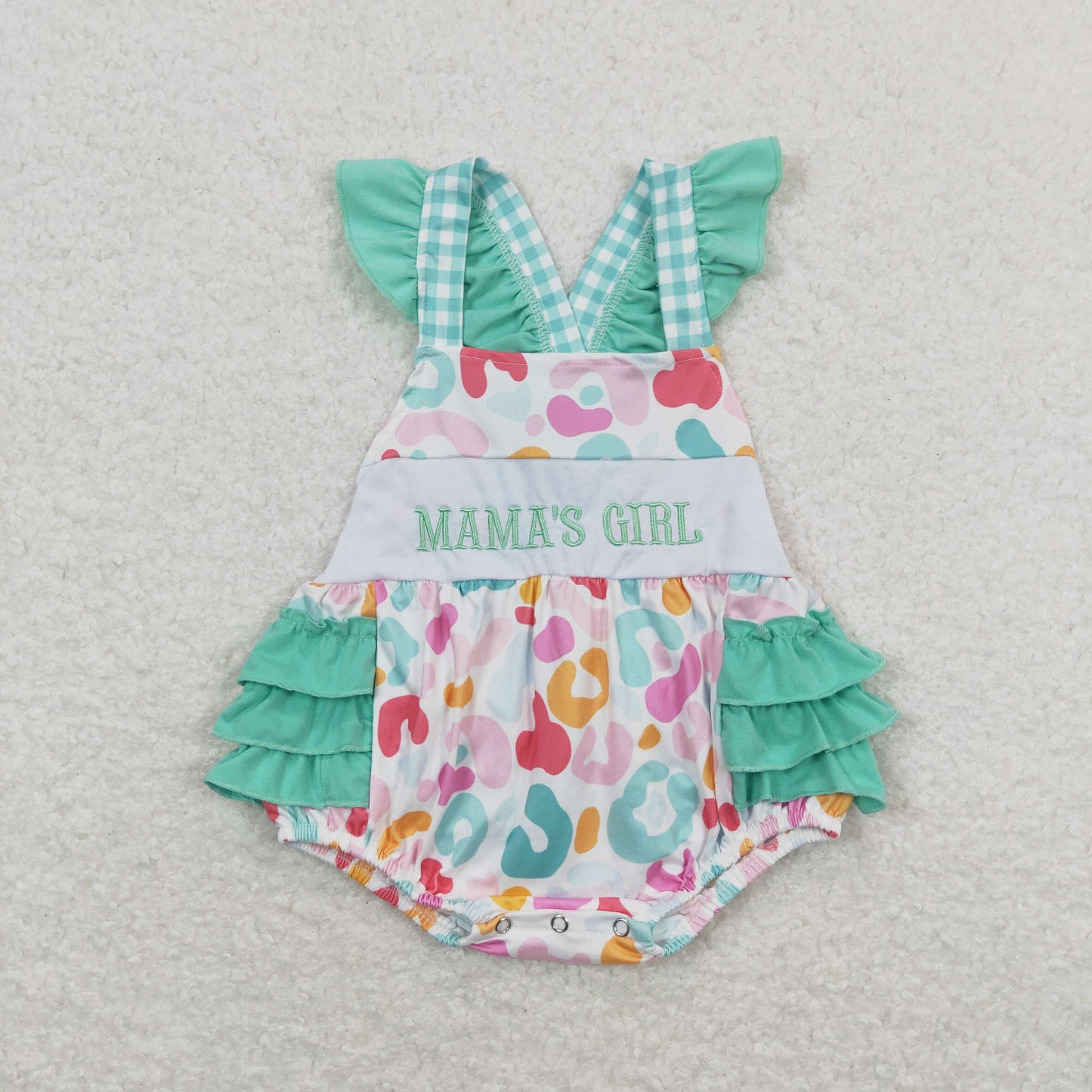 SR1246 mama's girl embroidered lettering colorful leopard print flying sleeve teal vest jumpsuit