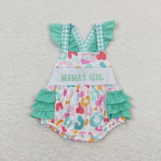 SR1246 mama's girl embroidered lettering colorful leopard print flying sleeve teal vest jumpsuit