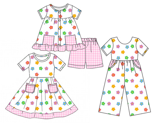 3.17 custom each style moq 5eta 4-6week Sibling Sister floral baby girl short sleeve shorts sets and dresses and jumpsuit match design