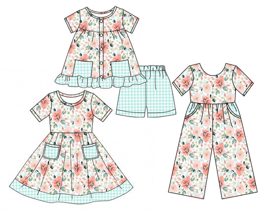 3.17 custom each style moq 5eta 4-6week Sibling Sister floral baby girl short sleeve shorts sets and dresses and jumpsuit match design