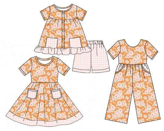 3.17 custom each style moq 5eta 4-6week Sibling Sister floral baby girl short sleeve shorts sets and dresses and jumpsuit match design