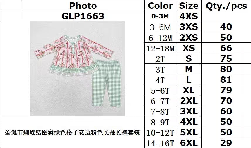 rts no moq GLP1663 Christmas bow pattern green plaid lace pink long-sleeved trousers set