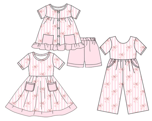 3.17 custom each style moq 5eta 4-6week Sibling Sister bow baby girl short sleeve shorts sets and dresses and jumpsuit match design