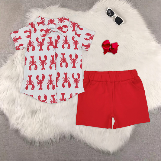 rts no moq BT0161+SS0270 baby boy clothes lobster short-sleeved top red shorts sets