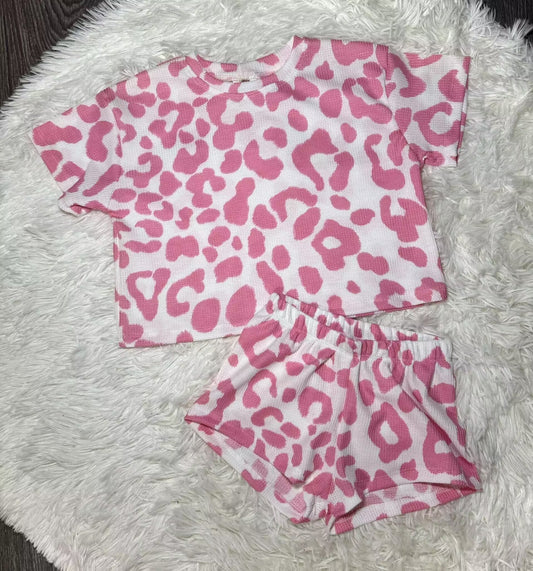 custom moq 5 eta 5-6 weeks baby girls clothes pink leopard short sleeve shorts summer outfit