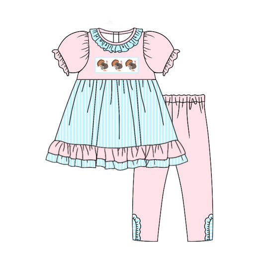 5.16custom each style moq 5eta 4-5week Sibling Sister Thanksgiving turkey print blue stripes and pink girls and boys outfits and baby romper and dress match family design