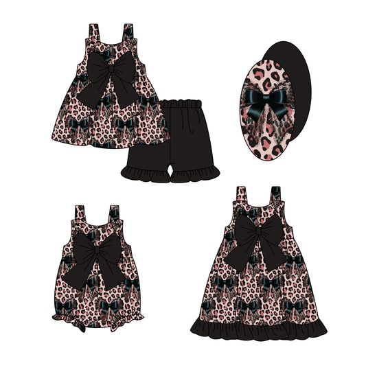 1.24 custom each style moq 5eta 4-6week Sibling Sisters leopard bow baby girl short sleeve shorts sets and dress and rompers match family design