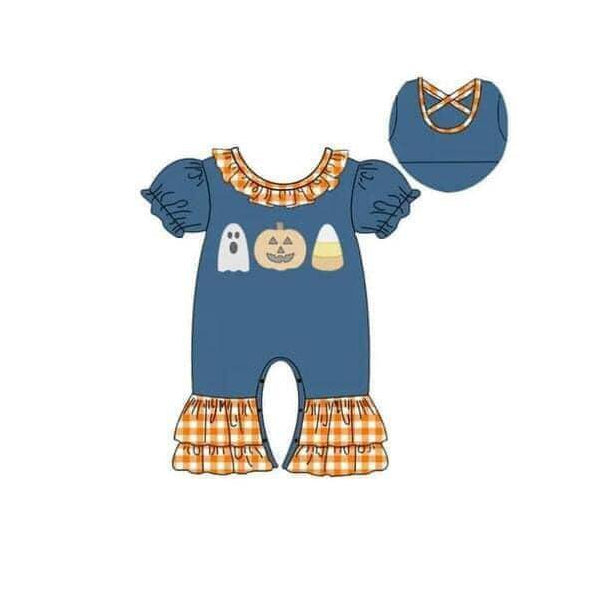 5.15custom each style moq 5eta 4-5week Sibling Sister Halloween ghost pumpkin prints orange plaid blue girls and boys outfits and baby romper and dress match family design