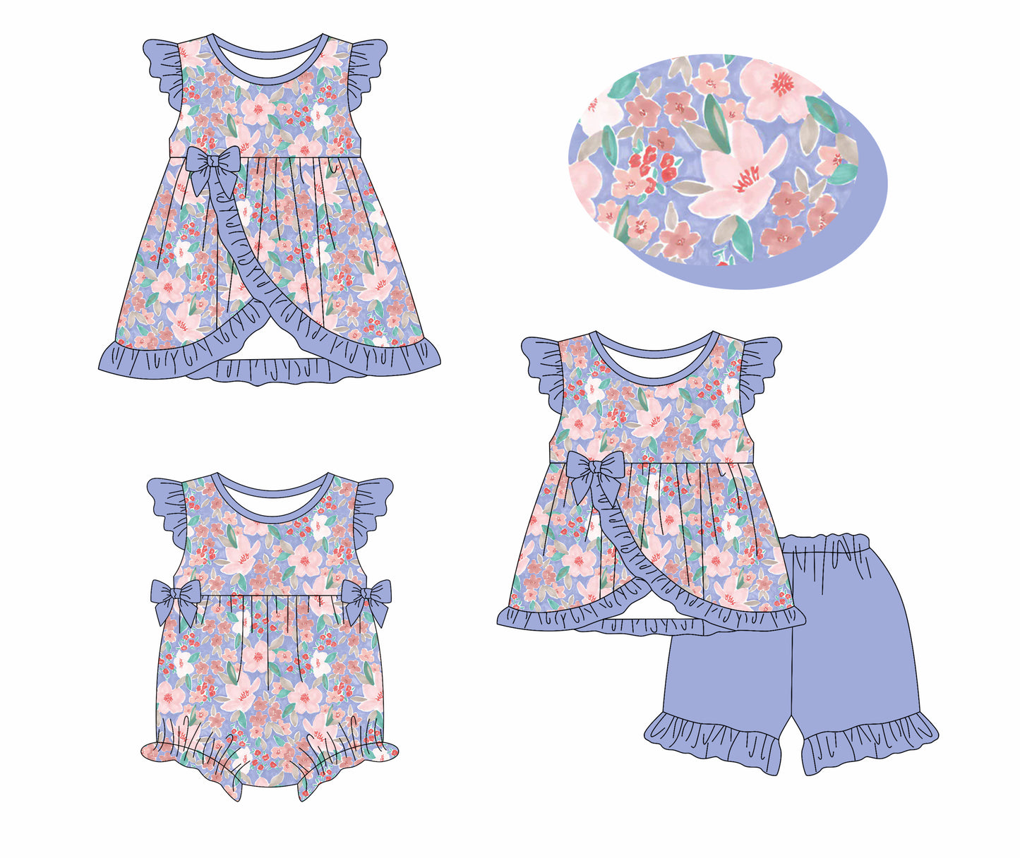 1.17 custom each style moq 5eta 4-6week Sibling Sisters floral baby girl short sleeve shorts sets and dress and rompers match family design