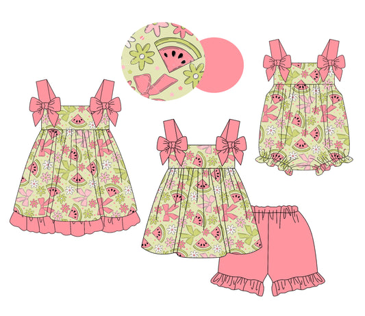 26.1.2 custom each style moq 5 eta 6-8week Sibling Sister watermelon bow baby short sleeve shorts sets and romper and dress match design