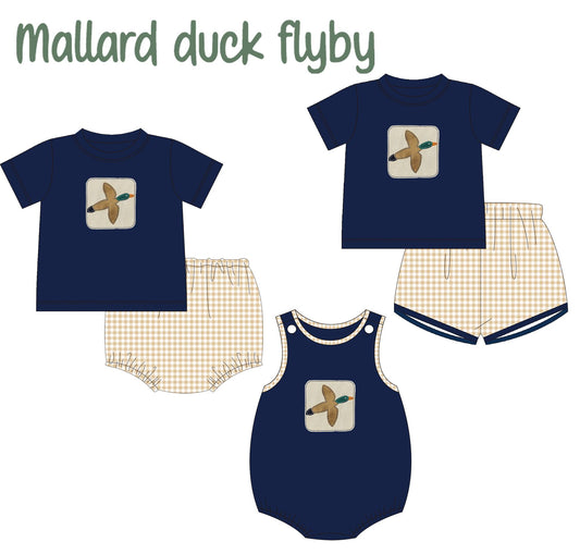 5.16custom each style moq 5eta 4-5week Sibling Sister duck print blue boys triangle suit and romper and set