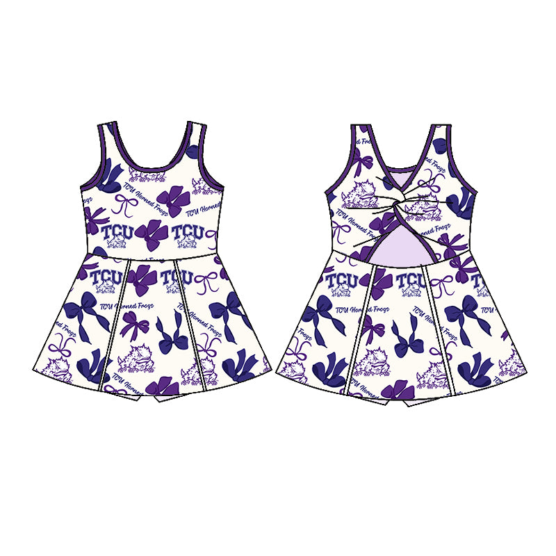 Custom moq 5 mix sizes summer teams baby girls clothes team purple short sleeve skirts shorts sets dress 1 and dress 2 and dress 3 and dress 4-25.5.23