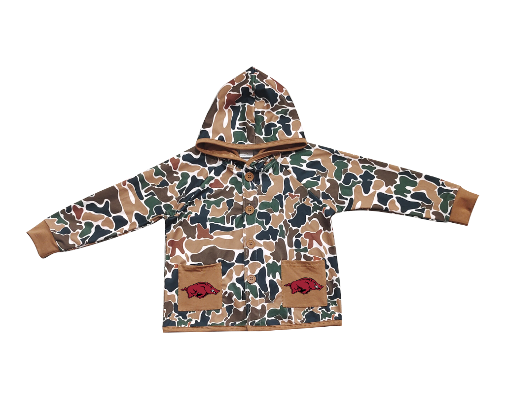 Custom moq 5 mix size milk silk baby boys clothes team summer camouflage button hooded long sleeve top-25.11.25