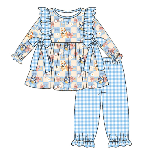 5.7custom each style moq 5eta 4-5week Sibling Sister Western style cartoon character prints blue girls outfits and baby romper and dress match family design