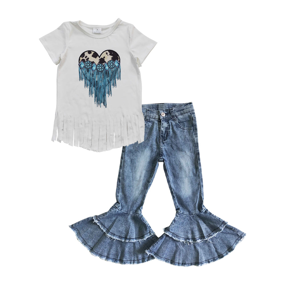 GT0137 Girls Love Gemstone Tassel White Short Sleeve Top+C5-15 Light bleached double denim flared pants