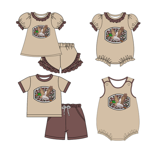 25.11.29 custom each style moq 5 eta 6-8week Sibling Sister duck camouflage baby short sleeve shorts sets 2 and romper 2 match design