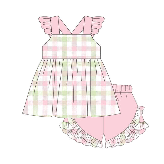 5.16custom each style moq 5eta 4-5week Sibling Sister pink-green plaid pink girls romper and set