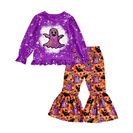 5.7custom each style moq 5eta 4-5week Sibling Sister Halloween ghost prints purple and orange girls and boys outfits and baby romper  match family design