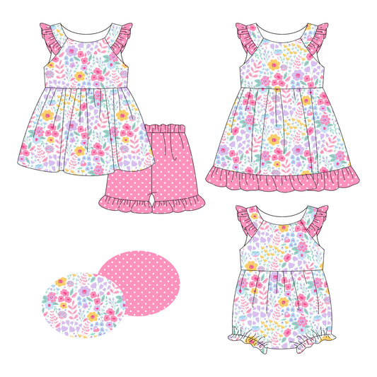 26.1.8 custom each style moq 5 eta 6-8week Sibling Sister floral baby short sleeve shorts sets and romper and dress match design