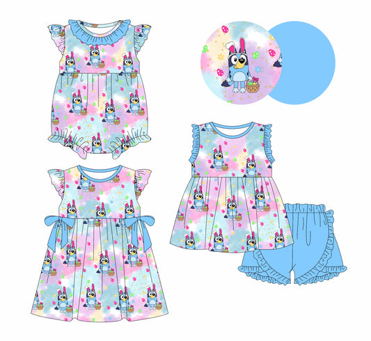 1.2 custom each style moq 5eta 4-6week Sibling Sistes cartoon dog baby girl short sleeve shorts sets and dress and rompers match family design